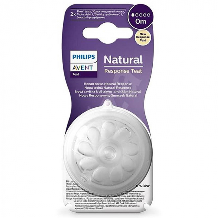 Set 2 tetine din silicon, tetine care functioneaza ca sanul mamei, tetine fara scurgeri, debit 1, pentru lichide cu densitate crescuta Philips Avent Natural Response SCY961/02, Transparent [2]