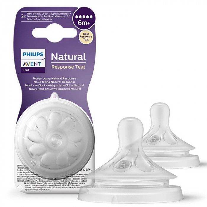 Set 2 tetine din silicon, tetine care functioneaza ca sanul mamei, tetine fara scurgeri, debit 5, pentru lichide cu densitate crescuta Philips Avent Natural Response SCY965/02, Transparent [2]