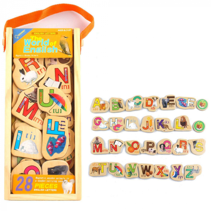 Set 28 de piese din lemn ilustrate cu animale si litere, WD 9004-B [1]
