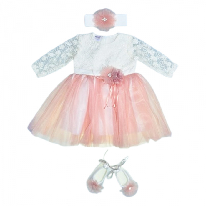 Set 3 piese rochie eleganta pentru botez, pentru fete, Mini Junior 3669-56-62, Roz [1]