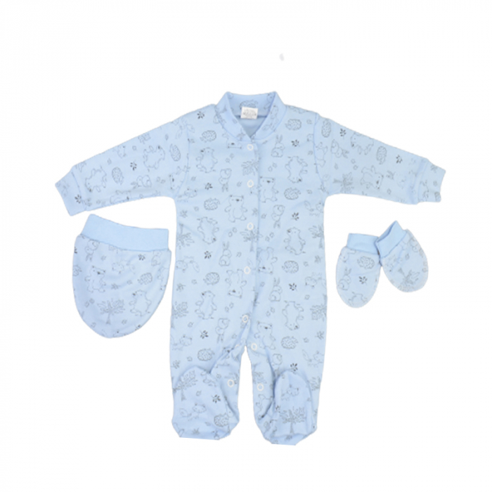 Set 3 piese salopeta cu maneca lunga, caciula si manusi pentru baieti Minipety 0068-18, Albastru [1]