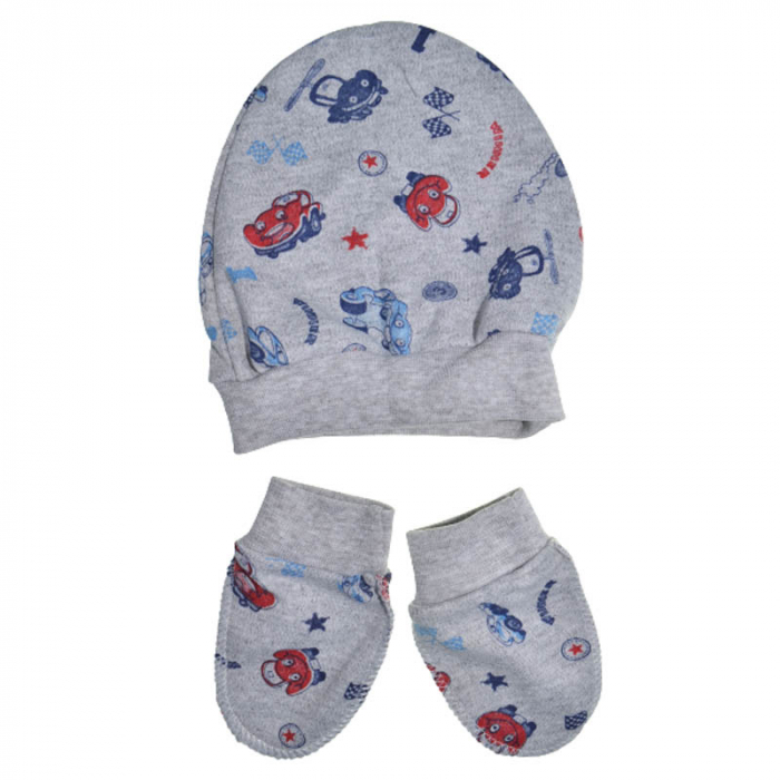 Set 3 piese salopeta cu maneca lunga, caciula si manusi pentru baieti Minipety MP235, Gri [4]