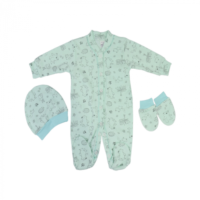 Set 3 piese salopeta cu maneca lunga, caciula si manusi pentru baieti Minipety 0068-17, Turcoaz [1]