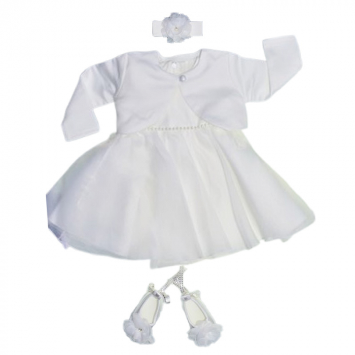Set 4 piese rochie eleganta din satin, pentru botez, pentru fete, Mini Junior 3665-56-62, Alb [1]