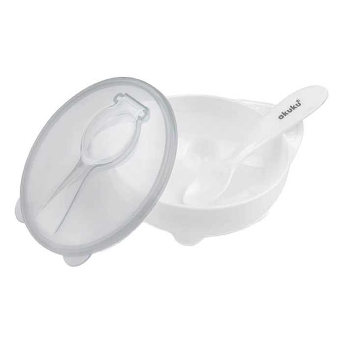 Set castron cu un singur compartiment si lingurita pentru copii Akuku A0424, Alb [2]