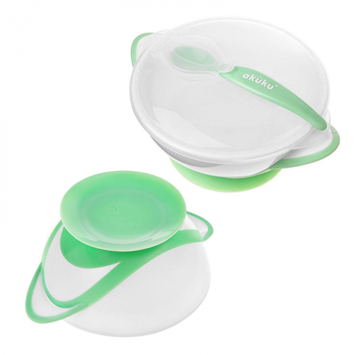 Set castron cu ventuza, cu un singur compartiment si lingurita pentru copii Akuku A0504, Verde [3]
