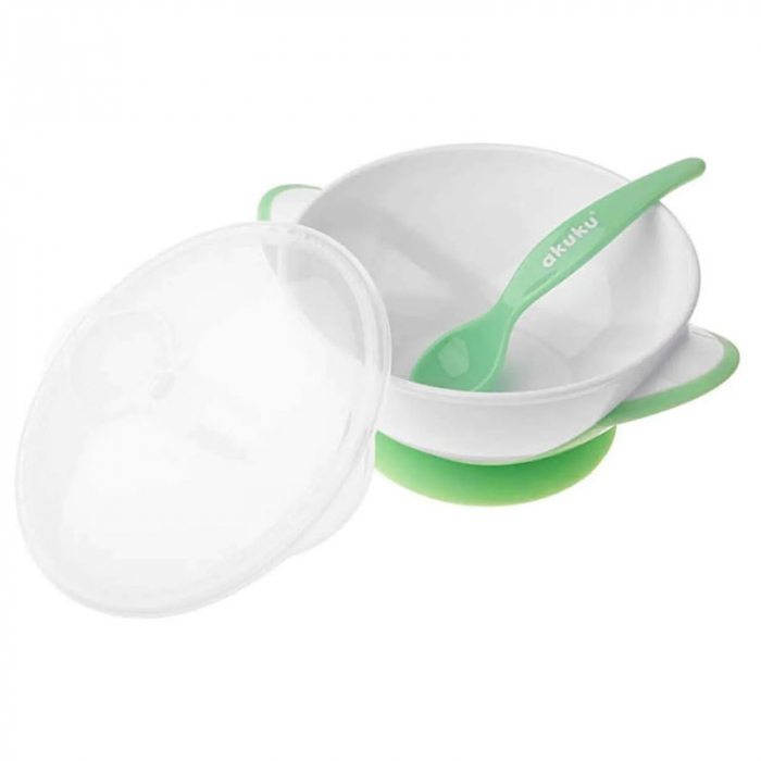 Set castron cu ventuza, cu un singur compartiment si lingurita pentru copii Akuku A0504, Verde [2]