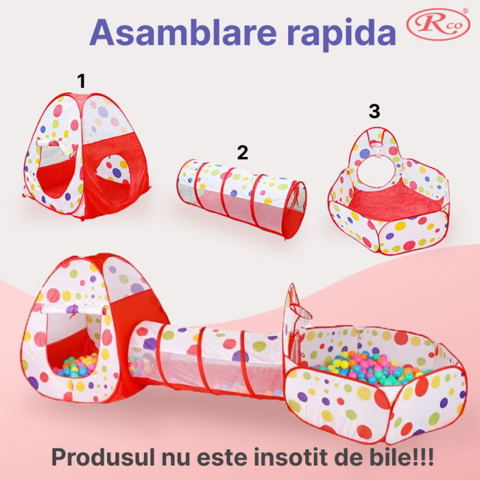 Set Cort de joaca RCO, 3 in 1 pentru copii, Cort, Tunel, Tarc si Piscina cu mini cos de basket, Pop Up, TT3002 [5]