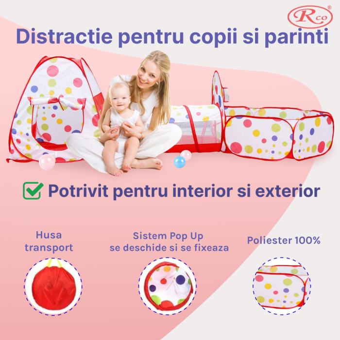 Set Cort de joaca RCO, 3 in 1 pentru copii, Cort, Tunel, Tarc si Piscina cu mini cos de basket, Pop Up, TT3002 [6]