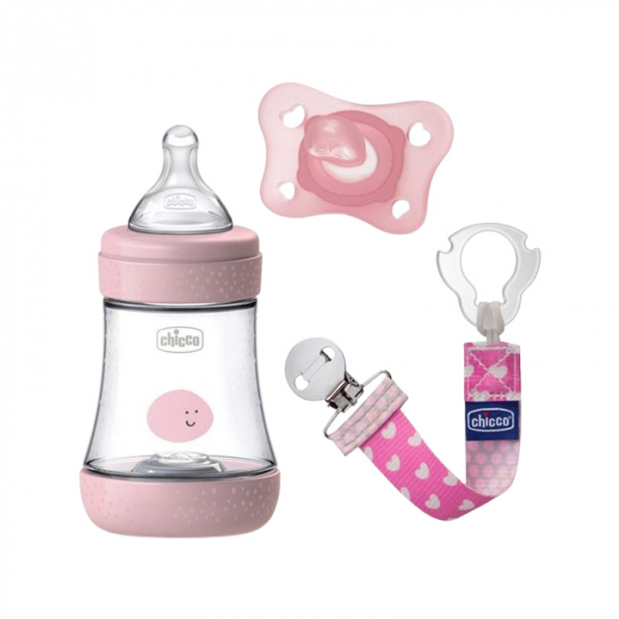 Set lanț, suzetă și biberon din polipropilena cu tetina din silicon 150 ml, Chicco Natural Feeling 122172R, Roz [1]