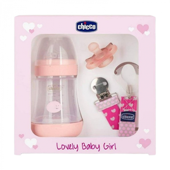 Set lanț, suzetă și biberon din polipropilena cu tetina din silicon 150 ml, Chicco Natural Feeling 122172R, Roz [2]