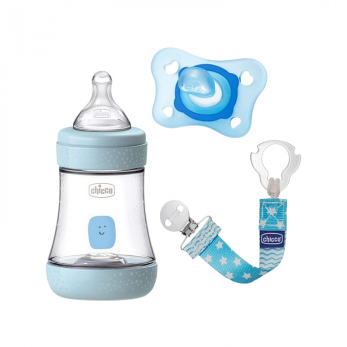 Set lanț, suzetă și biberon din polipropilena cu tetina din silicon 150 ml, Chicco Natural Feeling 122189A, Albastru [1]