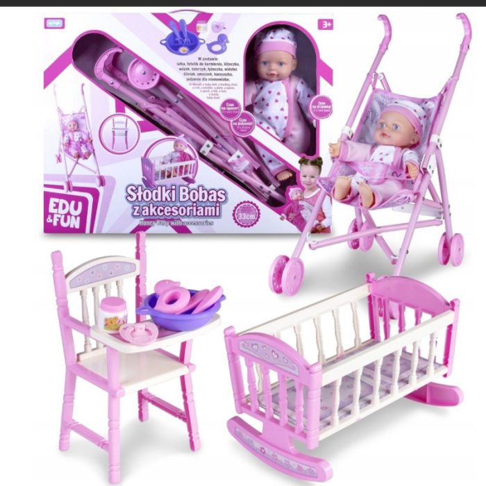 Set papusa Natalia cu carucior, patut si scaunel Artyk 120480, Roz [3]