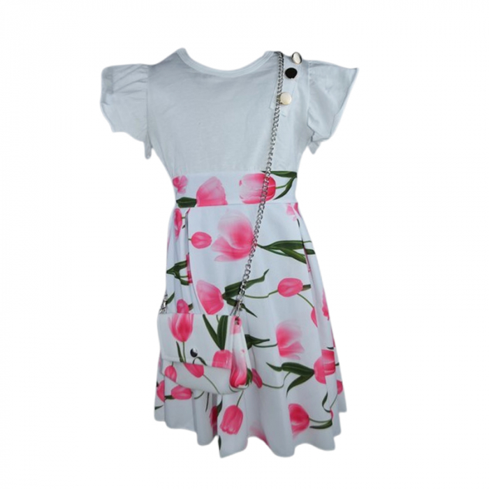 Set rochie, cu imprimeu floral si geanta pentru fete, Lucky, LK7132, Alb [1]