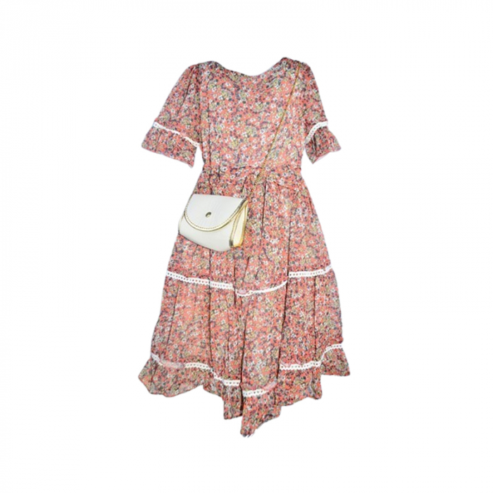 Set rochie cu maneca scurta, cu imprimeu floral si geanta pentru fete, Blueberry's 6629C-2, Coral [1]