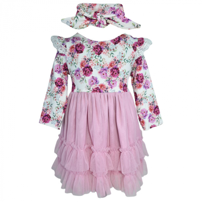 Set rochie eleganta cu maneca lunga si bentita pentru fete LULU DESIGN 101123-2, Roz [1]