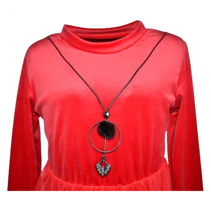 Set rochie eleganta din catifea cu maneca lunga si colier pentru fete Lucky Girl 6849, Rosu [3]