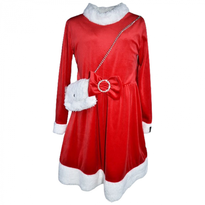 Rochie eleganta din catifea cu maneca lunga si geanta de Craciun pentru fete Lucky Girl 6810, Rosu [1]