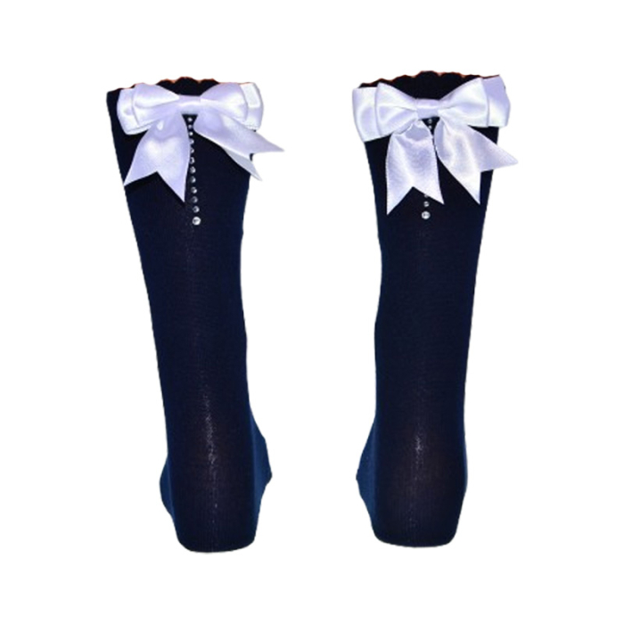 Sosete lungi din bumbac, cu fundita, pentru fete, Milusie 0110B-13-14, Bleumarin [2]