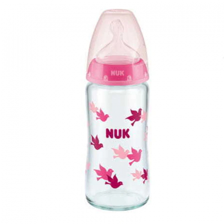 Accesorii masa bebe - Biberon din sticla cu tetina din silicon pentru fete, cu indicator de temperatura, 240 ml 0-6 luni Nuk First Choice+ 382379-D, Roz