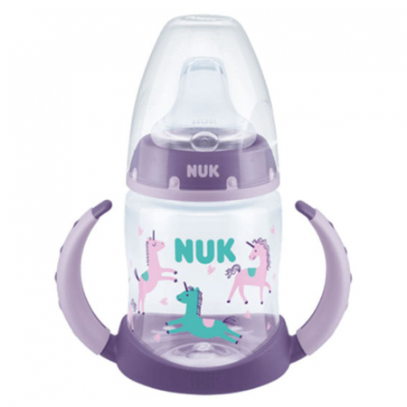 Biberoane si tetine - Biberon cu cioc, manere si termometru 150 ml Nuk First Choice Learner Bottle 743943, Mov