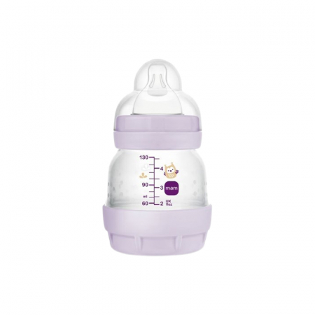 Biberoane si tetine - Biberon cu tetina din silicon 130 ml MAM Perfect Start Anti-Colic 851087, Mov
