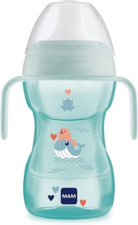 Biberoane si tetine - Biberon din polipropilena, anticurgere, cu cioc si manere, 270 ml MAM Fun to Drink Cup, 856624, Albastru