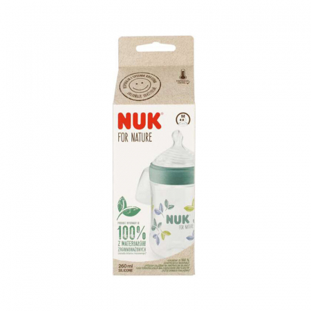 Biberon din polipropilena, cu indicator de temperatura si tetina din silicon, M 260 ml, Nuk For Nature, 441168, Verde [1]