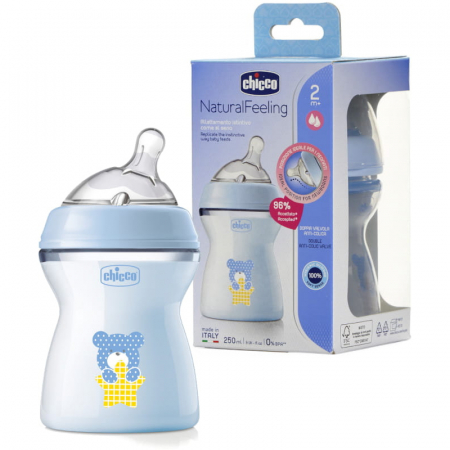 Biberon din polipropilena cu tetina din silicon 250 ml Chicco Natural Feeling 153640, Albastru [1]
