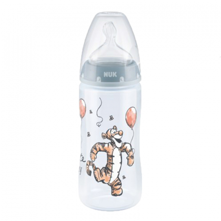 Biberoane si tetine - Biberon din polipropilena cu tetina din silicon cu indicator de temperatura, 300 ml Nuk First Choice+ Disney Baby Winnie The Pooh 741022-3, Gri