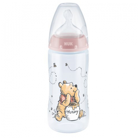 Biberoane si tetine - Biberon din polipropilena cu tetina din silicon, cu indicator de temperatura, 300 ml Nuk First Choice+ Disney Baby Winnie The Pooh 741022-1, Roz