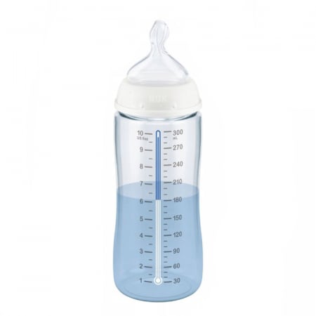 Biberon din polipropilena cu tetina din silicon, cu indicator de temperatura, 300 ml Nuk First Choice+ 741764-6-9, Gri [1]
