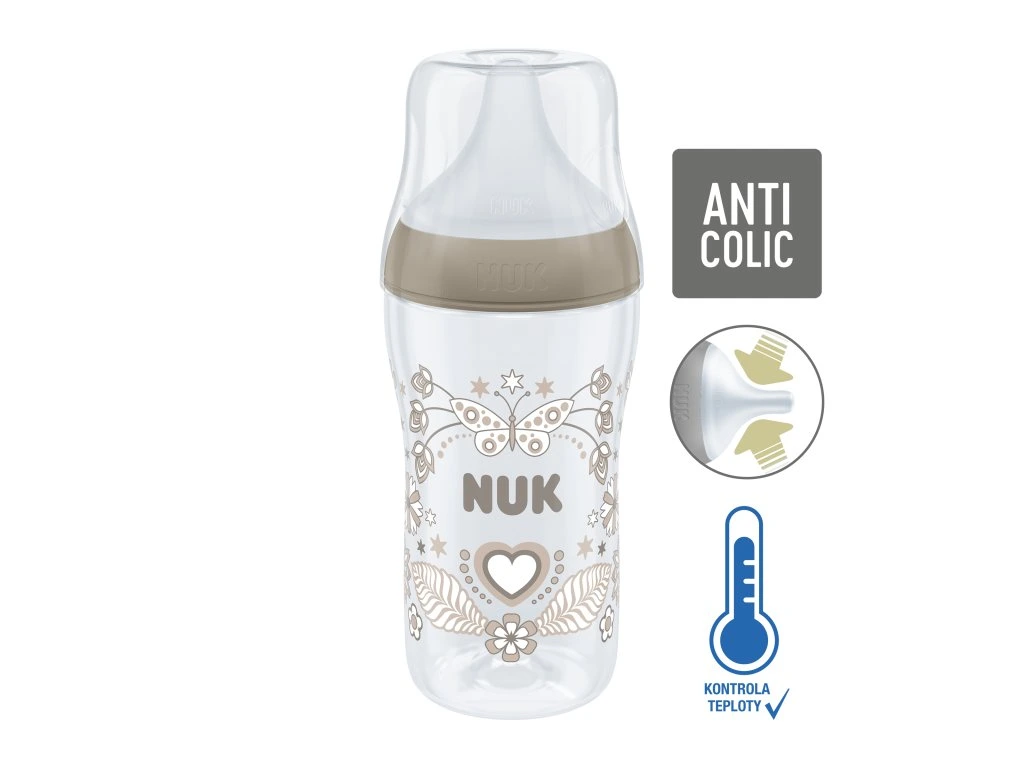 Biberon din polipropilena, cu tetina din silicon anticolici si senzor de temperatura, 260 ml Nuk Perfect Match Butterfly 436003-2, Alb [1]