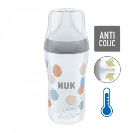 Biberon din polipropilena, cu tetina din silicon anticolici si senzor de temperatura, 260 ml Nuk Perfect Match Balloons 436003, Alb [1]