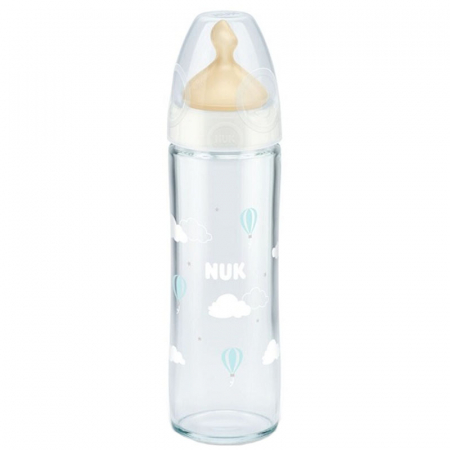 Biberoane si tetine - Biberon din sticla cu tetina din latex si tetina din silicon 240 ml Nuk First Choice 745080-A, Alb