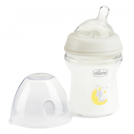 Biberon din sticla cu tetina din silicon 150 ml Chicco Natural Feeling 153459, Alb [1]