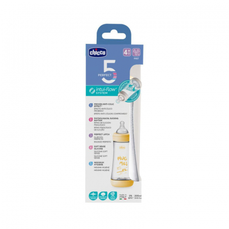 Biberon din sticla cu tetina din silicon 300 ml Chicco Perfect 5 153992, Galben [1]