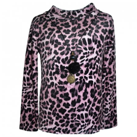 Bluze fete - Bluza din catifea animal print cu maneca lunga si colier pentru fete Lucky Girl B91223RZ, Roz