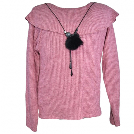 Bluze fete - Bluza tricotata cu maneca lunga si colier pentru fete Lucky Girl 6783-R, Roz
