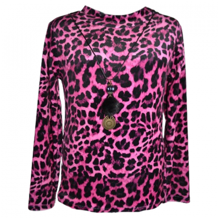 Bluze fete - Bluza din catifea animal print cu maneca lunga si colier pentru fete Lucky Girl B91223, Fucsia