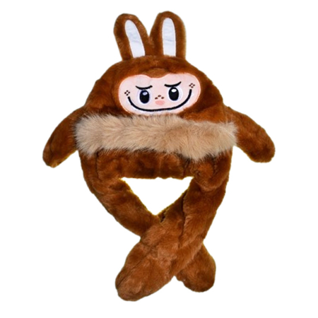 Căciuli băieți primăvară, toamnă și iarnă - Caciula din plus, model Labubu, cu miscari din urechi, pentru copii, Mini Junior C3010M3-50, Maro