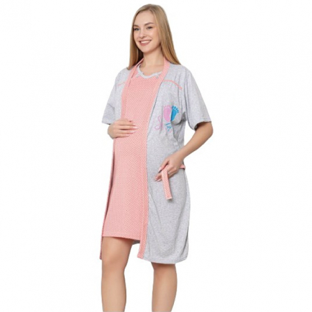 Pijamale si camasi gravide - Camasa de noapte pentru alaptat cu halat Sevgi 680C, Coral