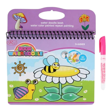 Jocuri si jucarii educative - Carte de colorat cu apa, reutilizabila si stilou magic, Doodle Water Book Albinuta 050623-2, Multicolor