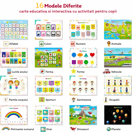 Jucarii interactive - Carte Montessori RCO cu multiple activitati prescolare, stickere reutilizabile, in limba engleza, 32 de pagini, 3-6 ani, CC104