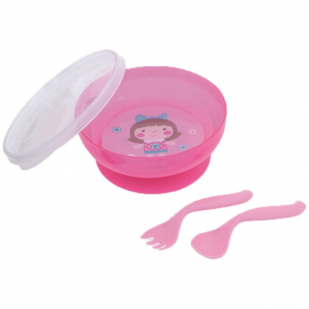 Vesela si tacamuri bebelusi - Castron cu ventuza, capac si tacamuri pentru copii 9 luni + 350 ml Canpol Babies 21/300R, Roz