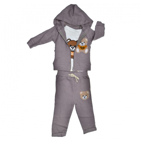 Compleuri baieti maneca lunga - Compleu 3 piese pantaloni, bluza si jacheta cu fermoar pentru baieti Mini Junior COMP-MJ3, Gri