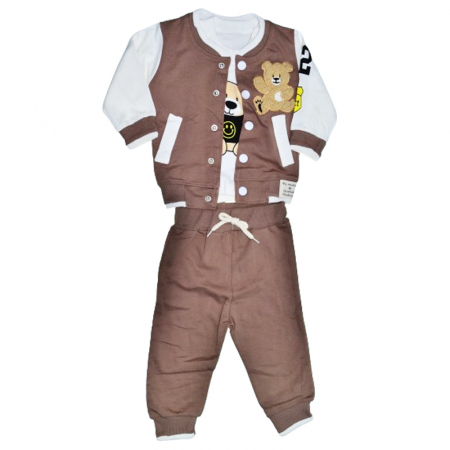 Compleuri baieti maneca lunga - Compleu 3 piese pantaloni, bluza si jacheta pentru baieti Mini Junior COMP-MJ4, Maro