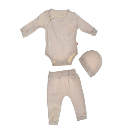 Compleuri baieti maneca lunga - Compleu 3 piese pantaloni, body si caciula pentru copii Mini Junior SETMJ-39, Bej