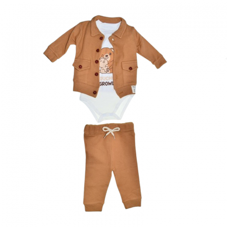 Compleuri baieti maneca lunga - Compleu 3 piese pantaloni, body si jacheta pentru baieti Mini Junior SETMJ-16, Maro