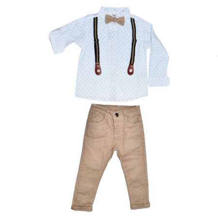 Compleuri baieti maneca lunga - Compleu 3 piese pantaloni, papion si camasa pentru baieti Mini Junior COMP-3049, Bej